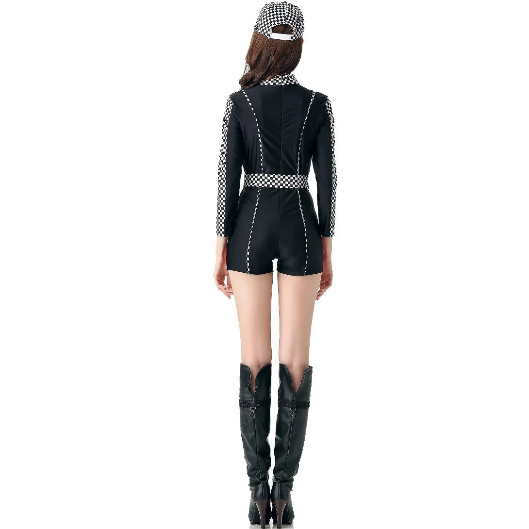 Women's Racing Driver Costume Set - Long Sleeve Zip Front Jumpsuit with Hat & Belt