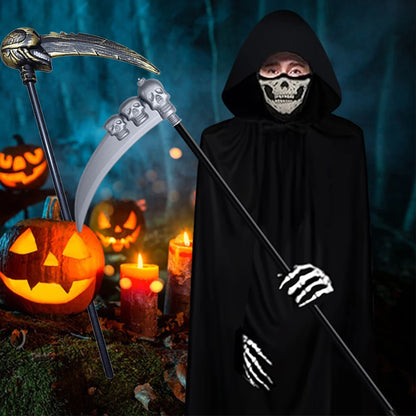 Scary Halloween Grim Reaper Costume Set Scythe Hooded Cape Skull Face Mask Gloves for Kids - Weapon 1set