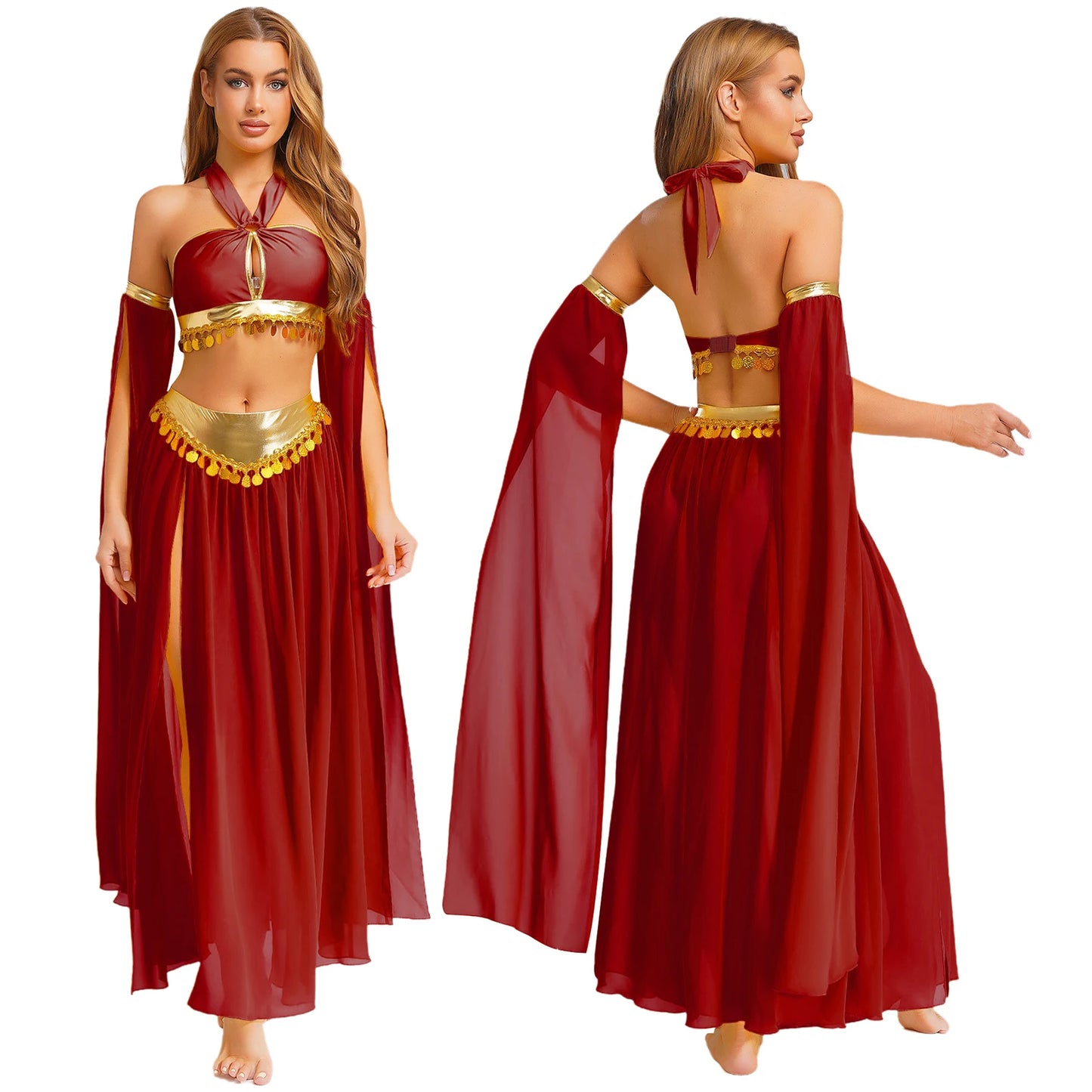 Women Halloween Cleopatra Ancient Egyptian Queen Sun Goddesses Cosplay Costume Crop Top with Skirt Belly Indian Dance Outfit