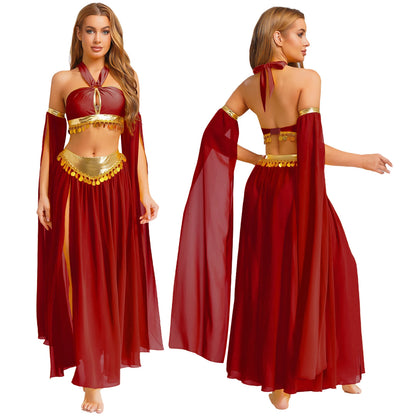Women Halloween Cleopatra Ancient Egyptian Queen Sun Goddesses Cosplay Costume Crop Top with Skirt Belly Indian Dance Outfit
