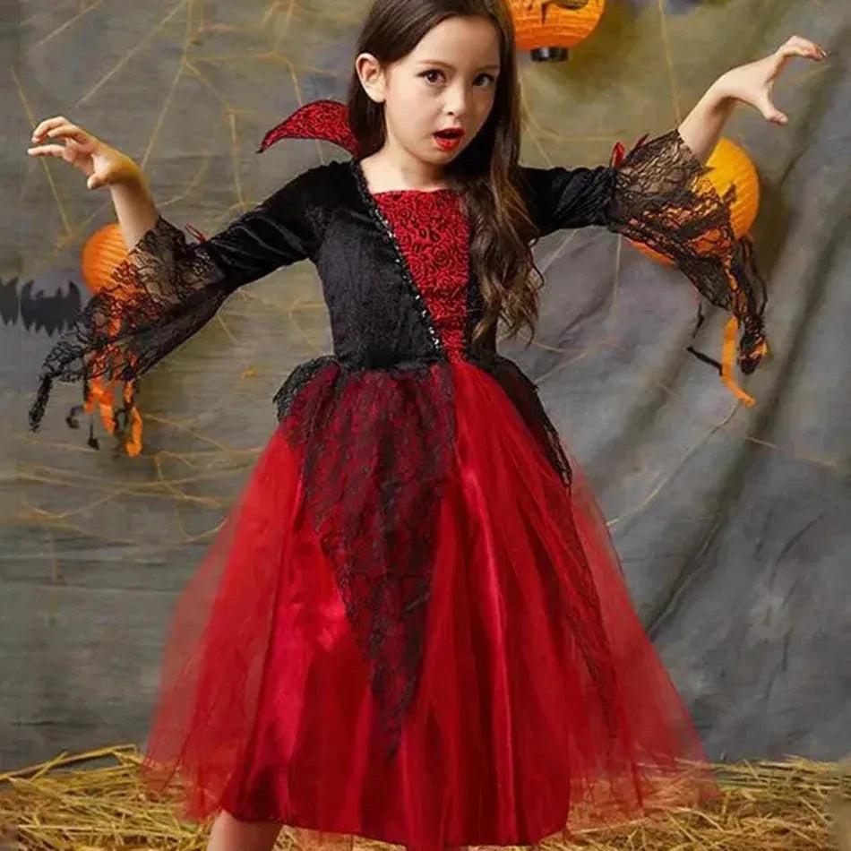 Kids Red Lace Ghost Bride Fancy Dress Spooky Bridal Role Play Outfit - product image 3