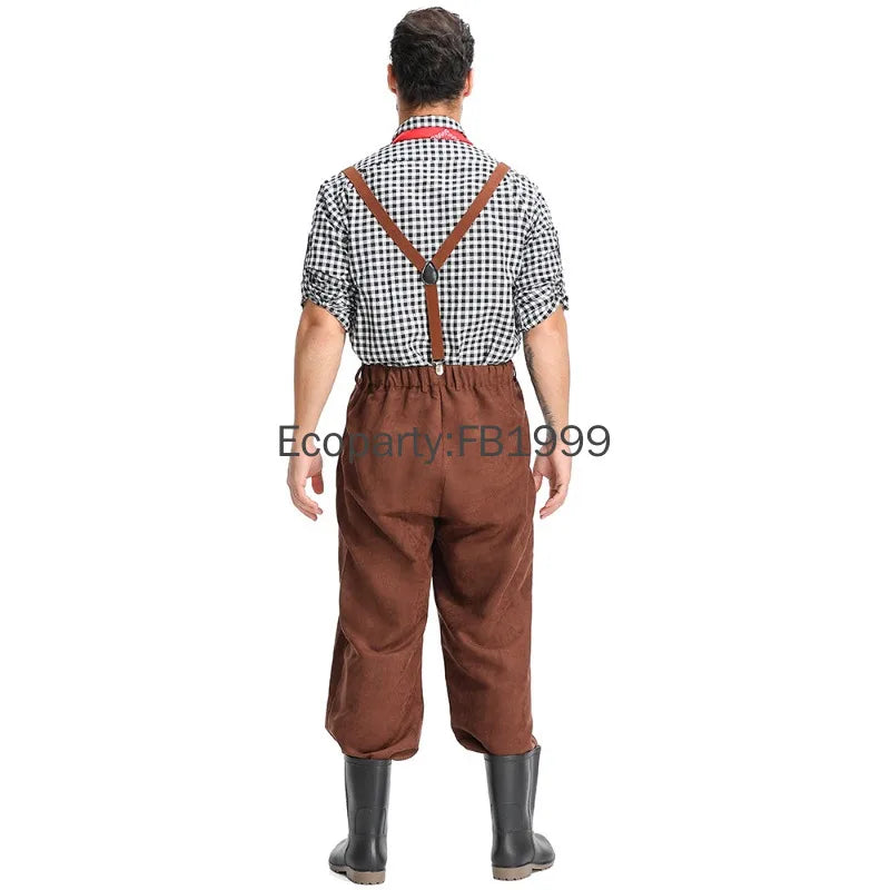 Men's Medieval Colonial Pioneer Farmer Costume Adult Vintage Plaid Shirt Suspenders Pants - B / XL