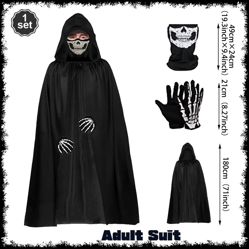 Scary Halloween Grim Reaper Costume Set Scythe Hooded Cape Skull Face Mask Gloves for Kids - View 12