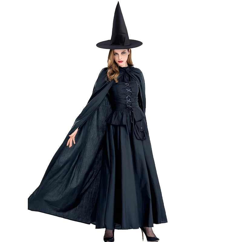 Wicked Witch Hooded Cloak Costume – Black Halloween Robe & Hat