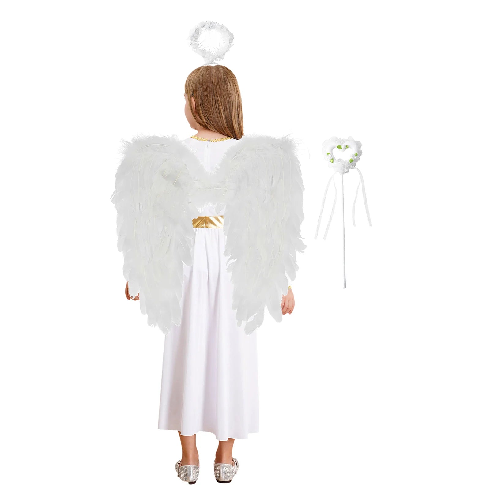 4Pcs Girls Angel Costume Outfits White Long Sleeve Dress with Feather Wings Hairband
