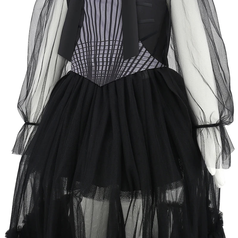 Girls Long Black Halloween Costume Dress with Accessories