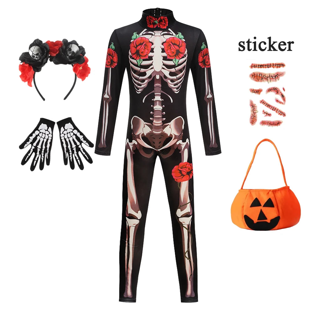 Girls Halloween Cosplay Ghost Bride Gothic Jumpsuit Rose Skeleton Scary - product image 11