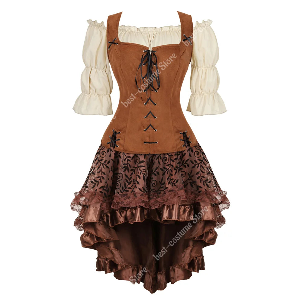 Steampunk Corset Dress Brown Pirate Costume Woman Skirt Plus Size Gothic Underbust