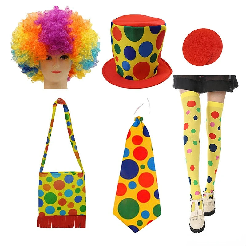 Clown Costume - Nose Wig Bow Tie Shoes Headband Gloves Hat Stockings and Vest Dress Up - 6 / One Size