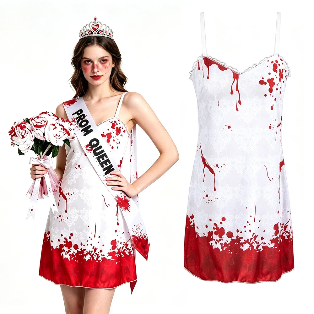 Ghost Bride Cosplay Costume Dress Women's Blood - Red Printed Spaghetti - product image 1