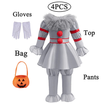 Boys Horrible Clown Costume Top+Pant 2 PCS Set Kids Scary Joker Kids Costume Halloween - B / 5-6T(130)