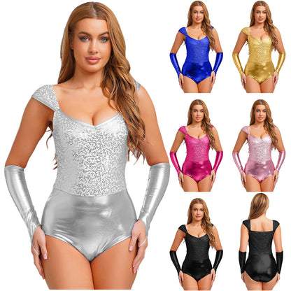 Adult Tin Glittery Sequin Metallic Shiny Bodysuit Removable Sleeves Dance Costume - alternate view 3
