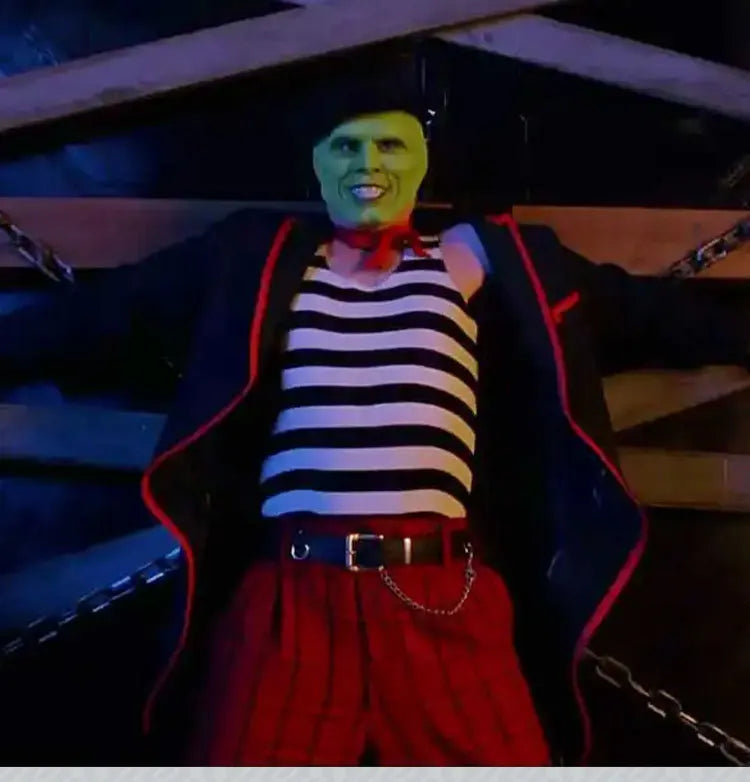 The Mask Costume Stanley Ipkiss Horror Clown Black Tuxedo Suit Jim Carrey Mask Outfit - Wig and Costume / XL
