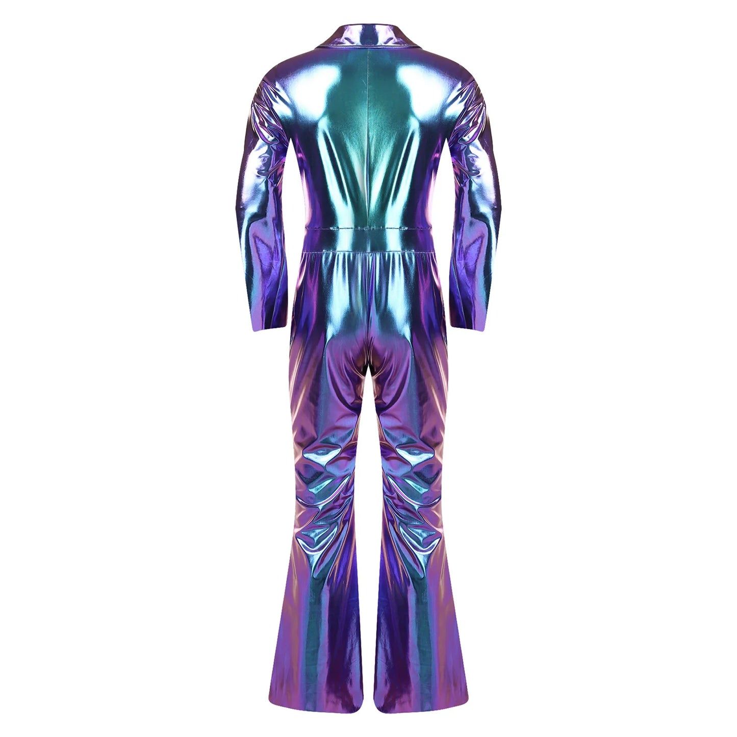 Men 70s Disco Jazz Dance Performance Costume Flare Sleeve Zipper Metallic Shiny Jumpsuit - Silver / XL