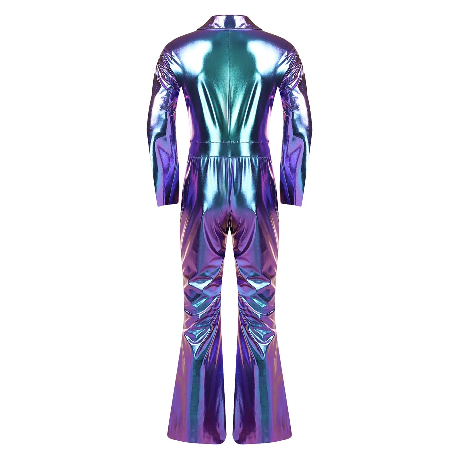 Men 70s Disco Jazz Dance Performance Costume Flare Sleeve Zipper Metallic Shiny Jumpsuit - Silver / XL