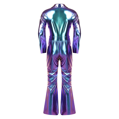 Men 70s Disco Jazz Dance Performance Costume Flare Sleeve Zipper Metallic Shiny Jumpsuit - Silver / XL