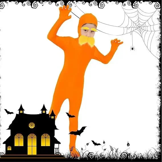 Halloween Jumpsuit Orange Costume Yellow Moustache and Eyebrow Baring Orange Bodysuit - Orange / kids 55.1 in (140 cm)