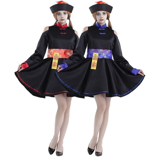 Women's Chinese Vintage Embroidered Zombie Vampire Gothic Cheongsam Dress Belt Hat