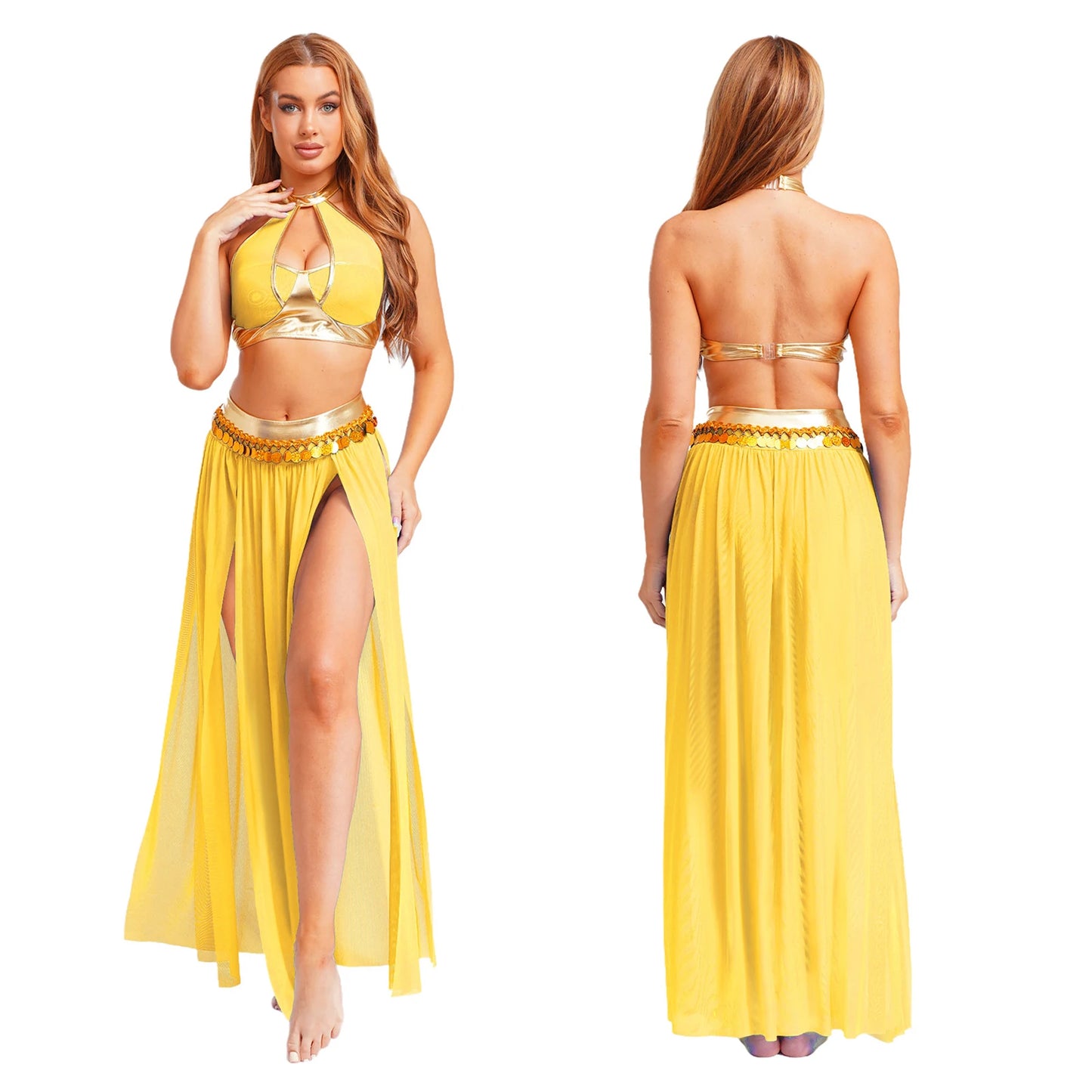 Women Halloween Cleopatra Ancient Egyptian Queen Sun Goddesses Cosplay Costume Crop Top with Skirt Belly Indian Dance Outfit