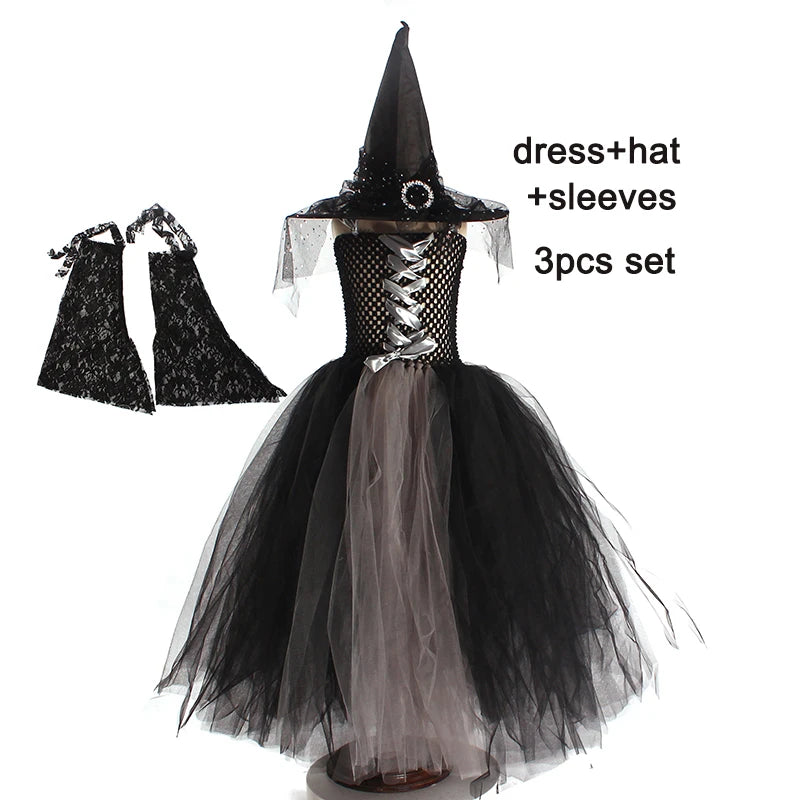 Girls Gothic Halloween Ghost Witch Costume Trumpet Sleeve Children's Robe Ballet Tutu Dress - product image 11
