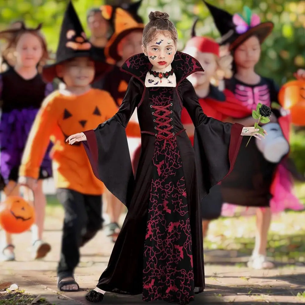 Kids Spooky Ghost Bride Fancy Dress Floral Print High Neck Flare Sleeve Gown - product image 2