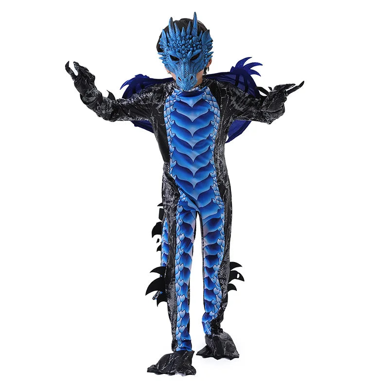 Kids Dragon Costume Boys Halloween Cosplay Dinosaur Jumpsuit Mask 2pcs Set Outfit Blue Red - product image 4