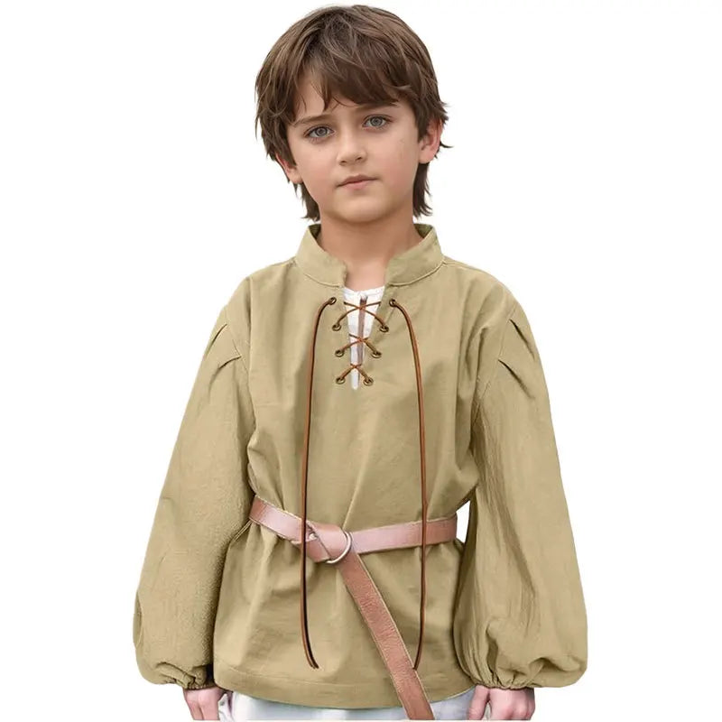 Boys Medieval Pirate Shirt Kids Renaissance Lace up Scottish Jacobite Ghillie