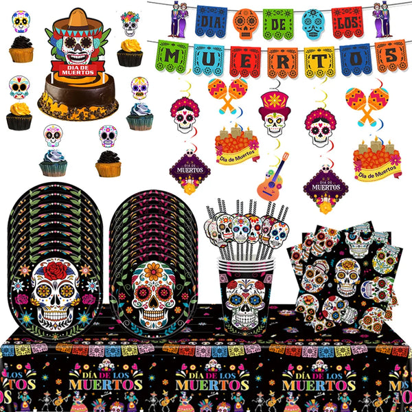 Mexican Day of the Dead Colorful Skull Disposable Tableware Plates Cups Napkins Banner Halloween Party Table - product image 1