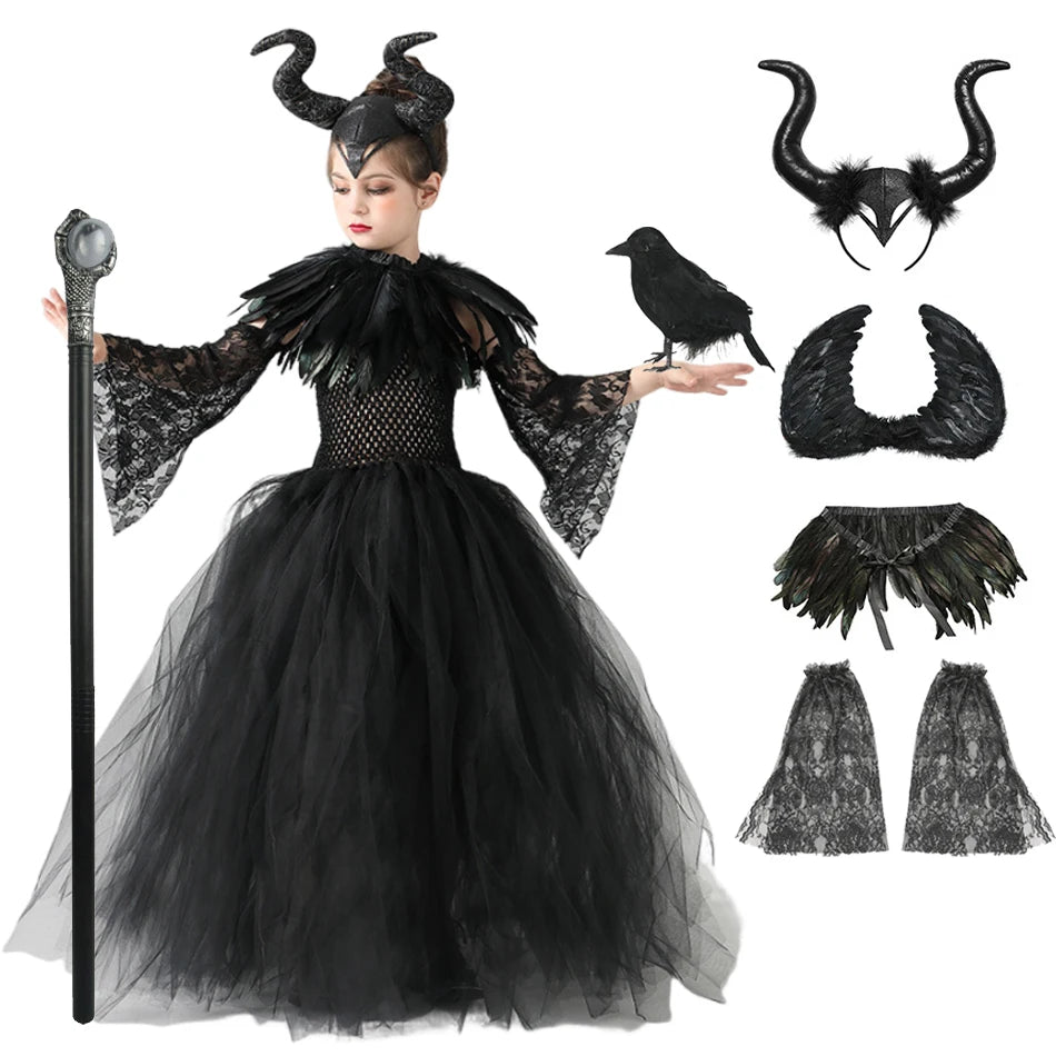 Halloween Maleficents Costume for Girls Evil Queen Dress Up Costumes Witch Devil Black Tulle Mesh Princess - product image 1