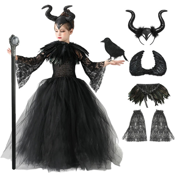 Halloween Horned Dark Fairy Queen Costume for Girls Evil Queen Dress Up Costumes Witch Devil Black - 4 pcs Set C / 6-7Y