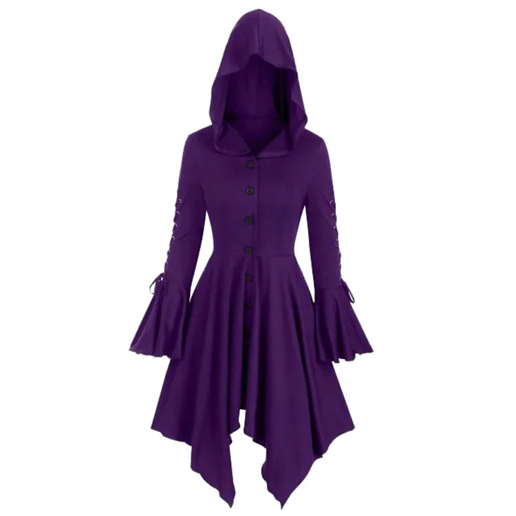 Women's Medieval Autumn Gothic Lace Vintage Renaissance Hooded Halloween Costume - PURPLE / L