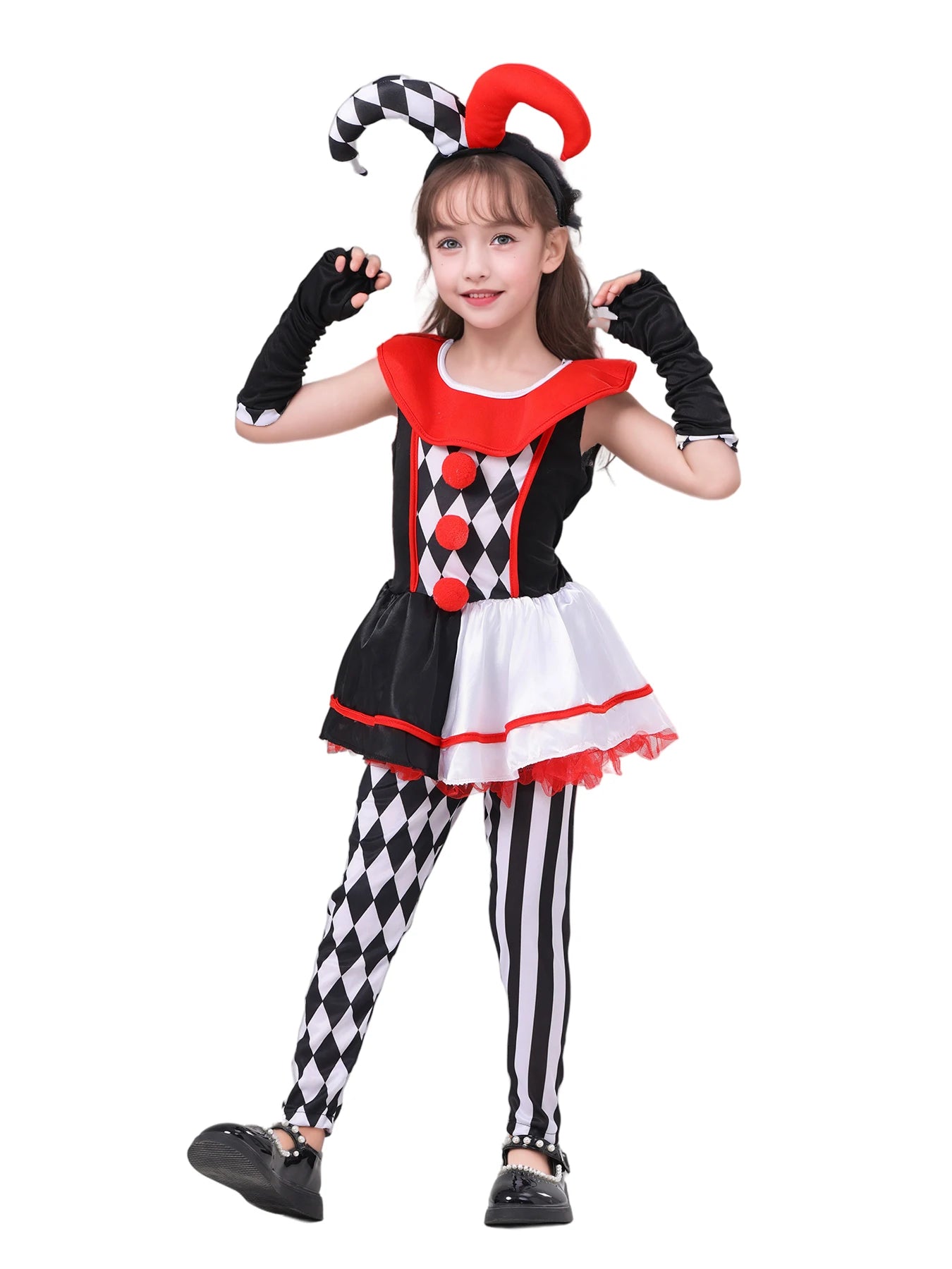 Girls Poker Pattern Jester Clown Costume Dress Outfit Kids Halloween Costume - Beige / 140