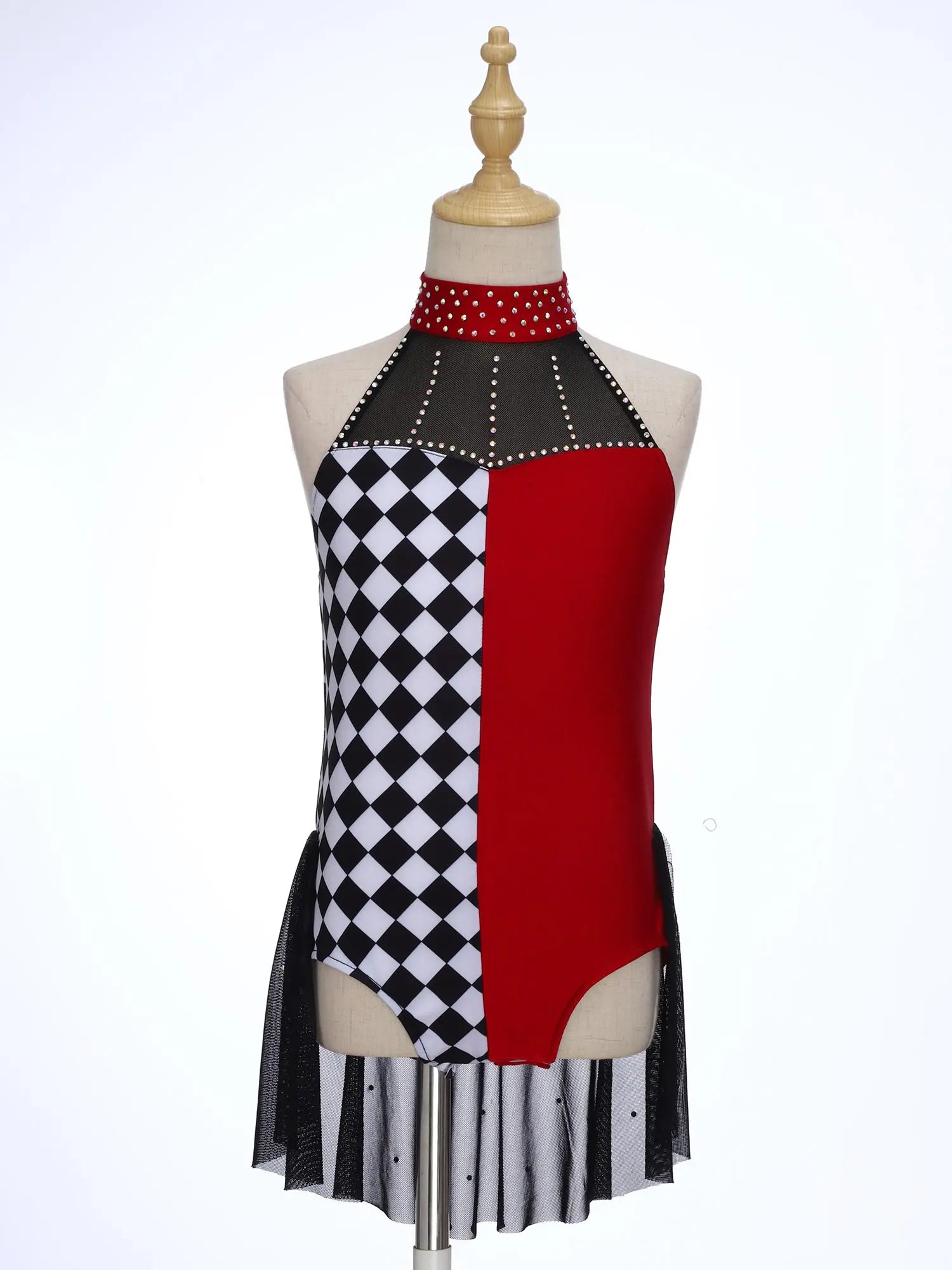 Girls Circus Clown Performance Costume Halloween Plaid Halter Sleeveless Dance Leotard - 12 / Black Red