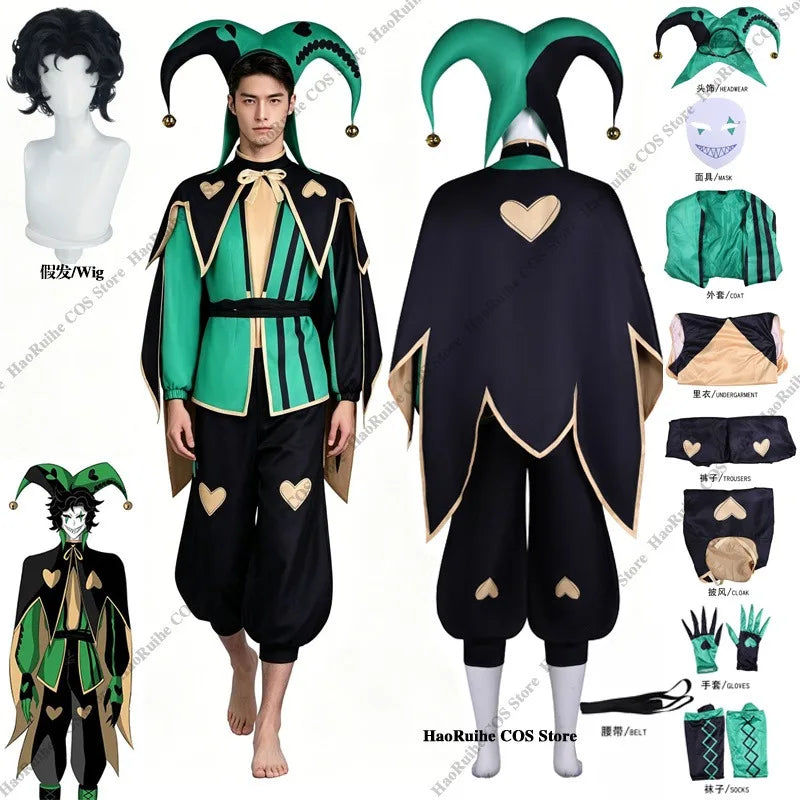 The Freak Circus Harlequin Costume Adult Clown Tops Pants Mask Gloves Joker Green Uniform - One size wig / XL