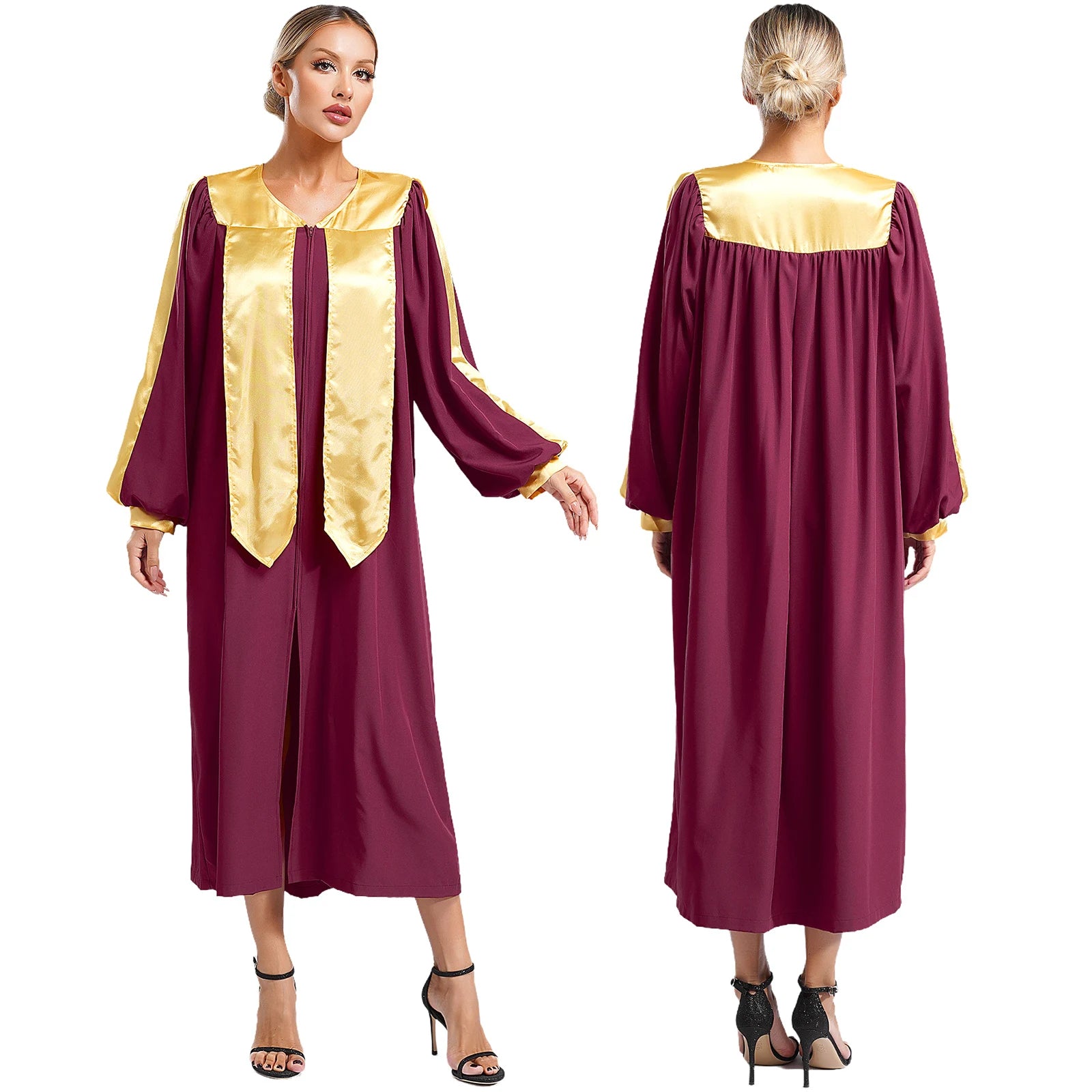 Choir Robe Theme V-neck Sleeve V-neck Color Block Zipper Split Front Gown Unisex - White / L