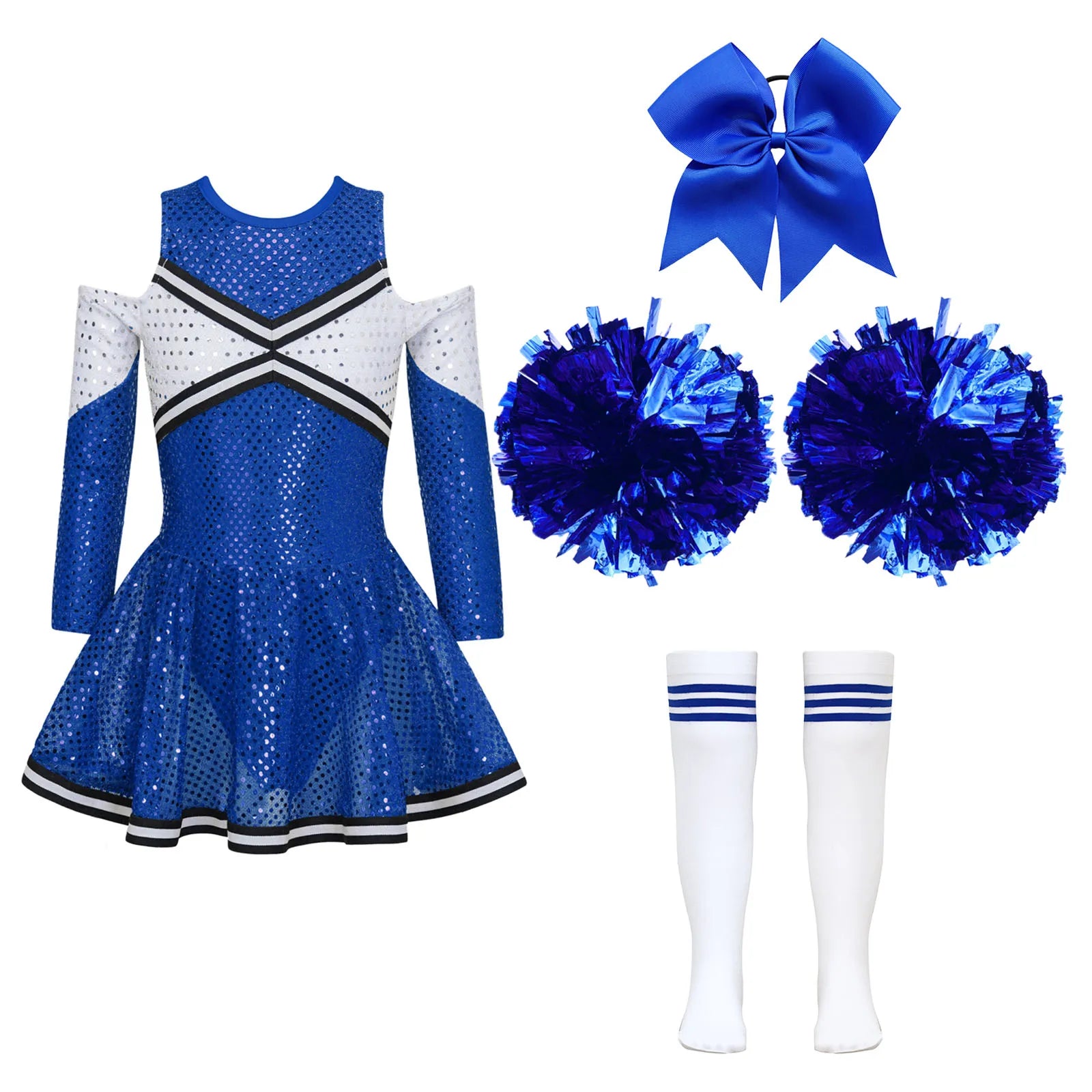 Kids Girls Cheerleader Costume Halloween Cosplay Cheerleading Dance Outfits Sequins Dress with Pom Poms Bow - product image 10