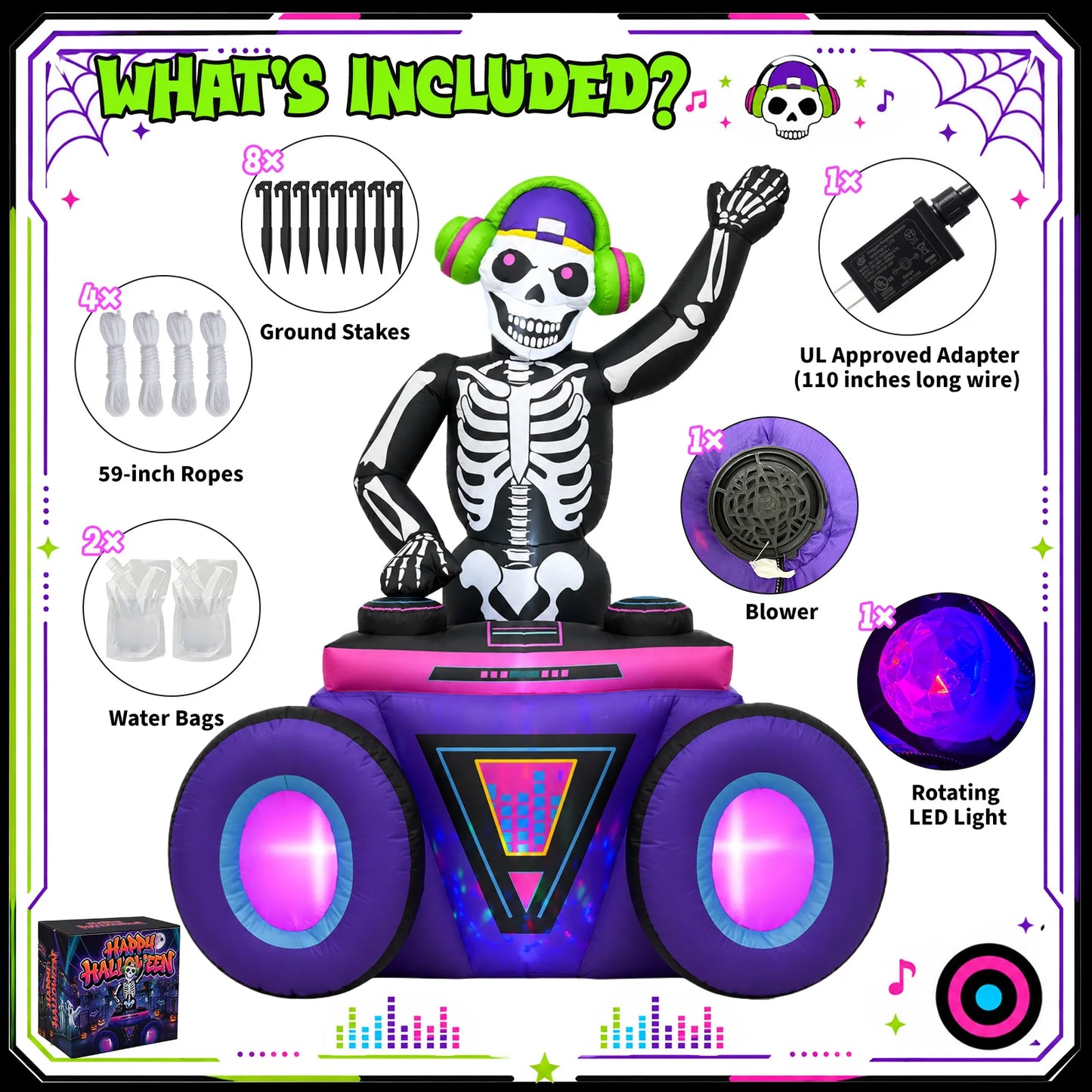 6FT Skeleton DJ Inflatable - Halloween Music & Glow Lights,210T Fabric, 3Min Quick Inflate, Indoor/Outdoor - product image 3