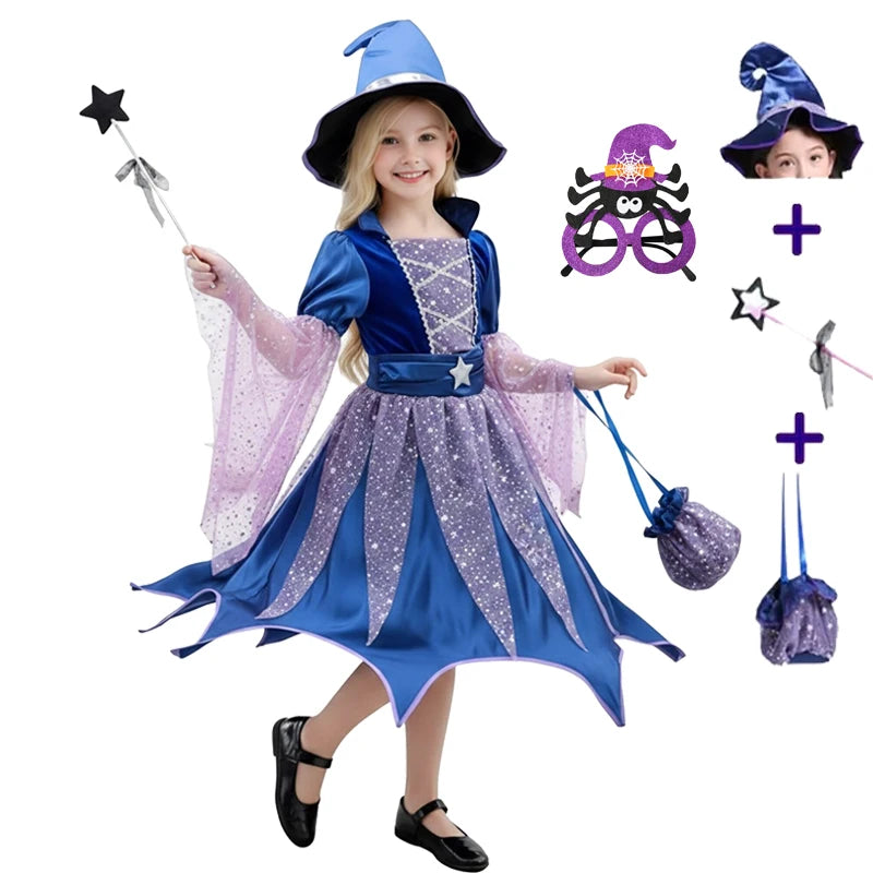 Halloween Costume Girls Costumes Witch Dress 4 PCS Bag Hat Wand Suit Kids Costume Vestidos - 6 PCS C / 2T(100)
