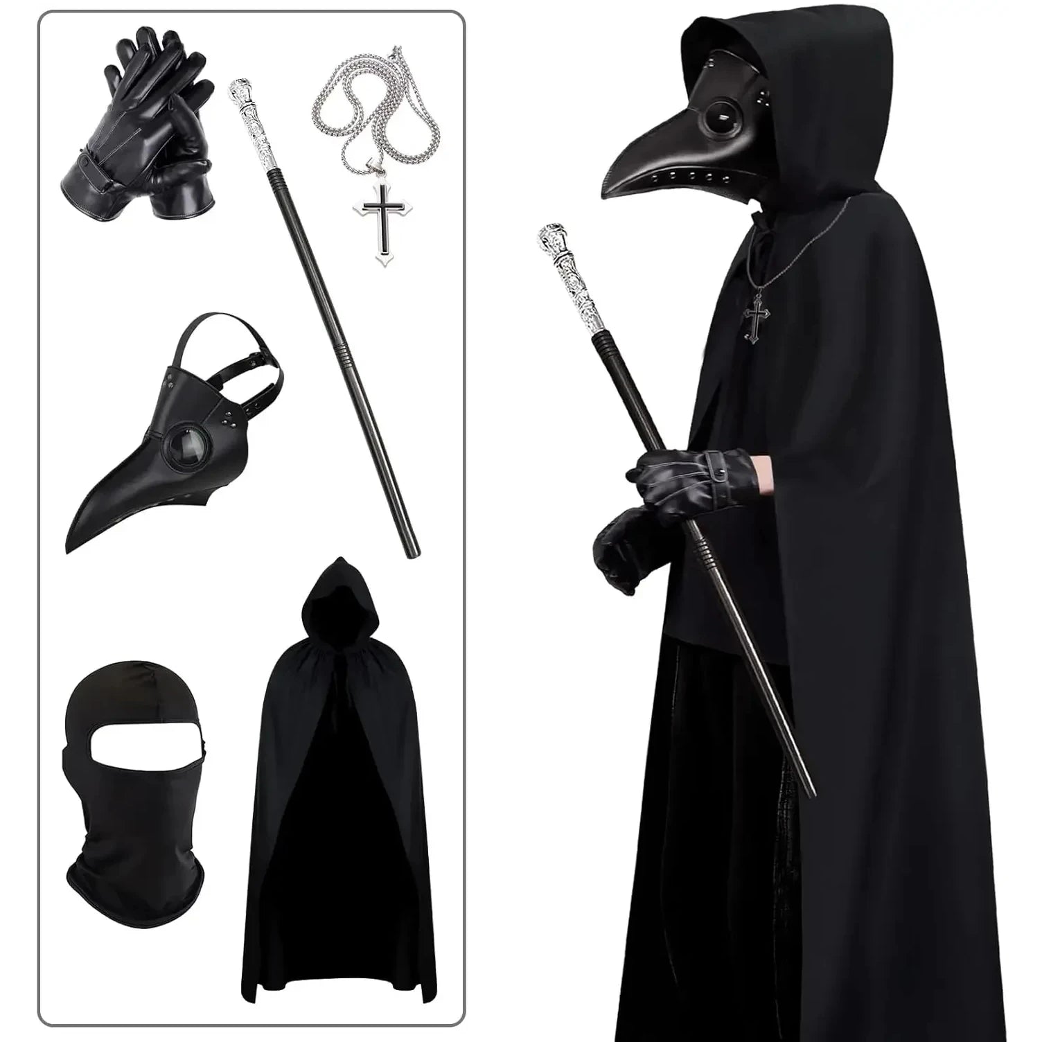 Halloween Plague Doctor Mask And Cloak Costume Props Long Nose Beak Leather Masks For Adult Reaper Cloak - product image 1