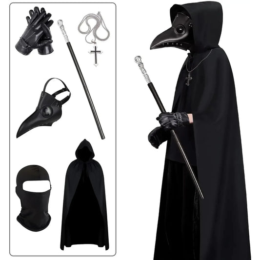 Halloween Plague Doctor Mask And Cloak Costume Props Long Nose Beak Leather Masks For Adult Reaper Cloak - product image 1