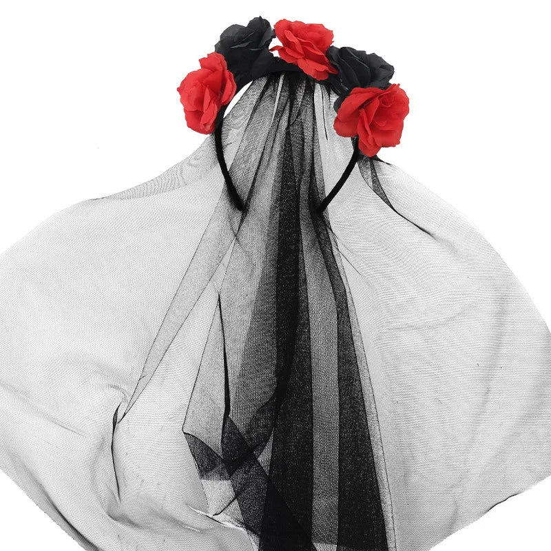 Gothic Black Lace Halloween Headband with Realistic Roses Skull Hair - product image 8
