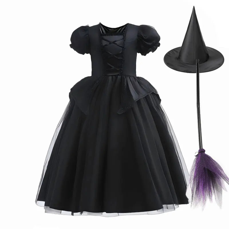 Girls Black Witch Halloween Costume Dress with Hat