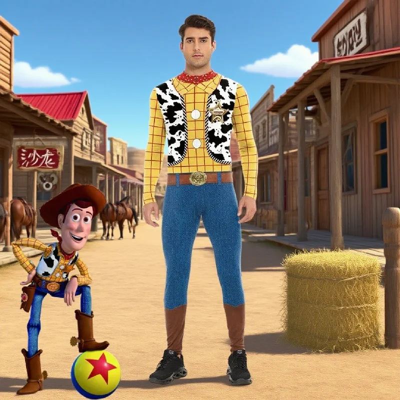 Western Cowboy Toy Costume Adult Men Halloween Story 3D Digital Print Full Body Jumpsuit Toy Costume - B473-1018 / XL