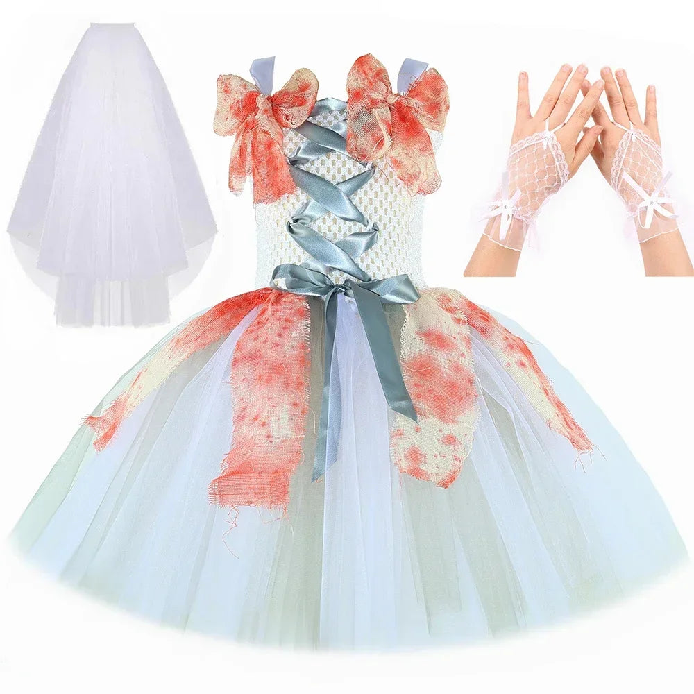 Gothic Zombie Bride Costume Kids Carnival Party Role Play Dress Up Bloody Ghost Dead - product image 1