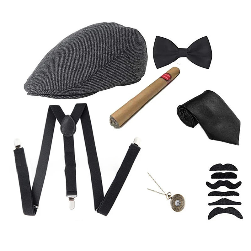 Halloween 1Set 1920's Costume Hat Pocket Watch Neck Tie Moustache Bowtie Gatsby - View 18