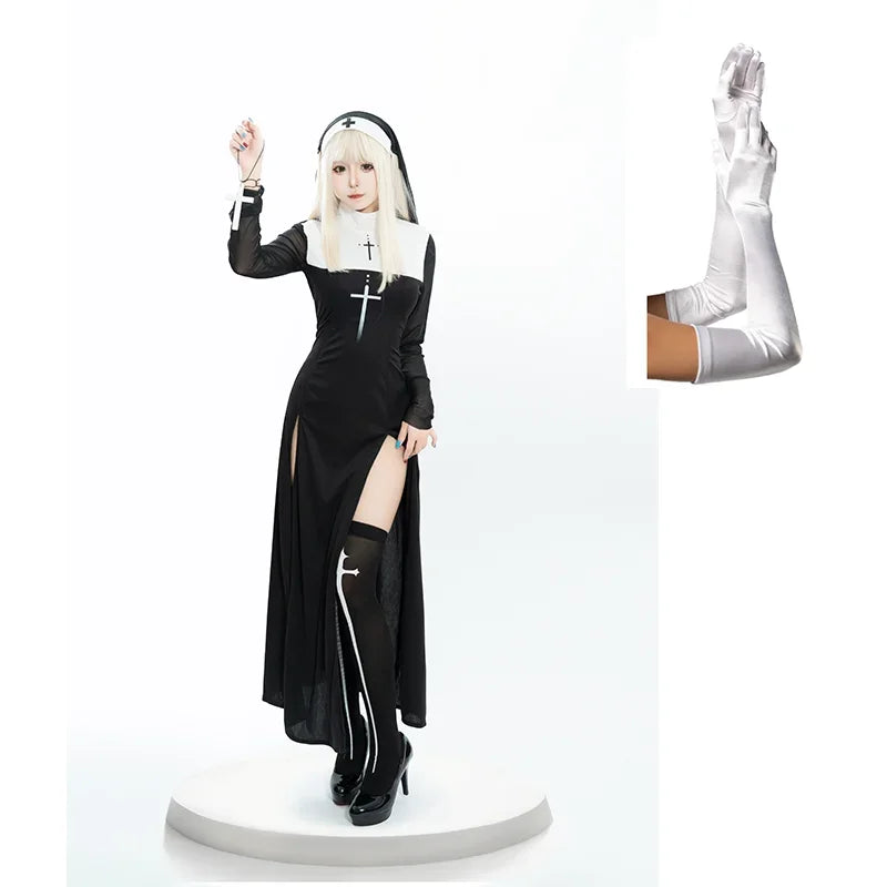 Halloween Anime Costume Sexy Nun Dress Women Fancy Gothic Robe Black Uniform Adult Themed - suit B / L