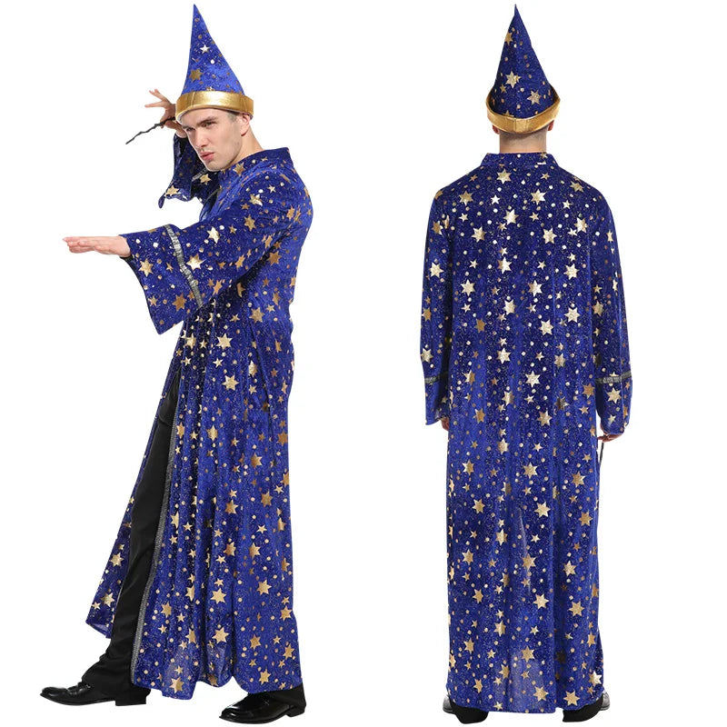 [Halloween Costume for Men and Women] Adult Wizard Cosplay Magician Performance Costume Blue Starry Robe +