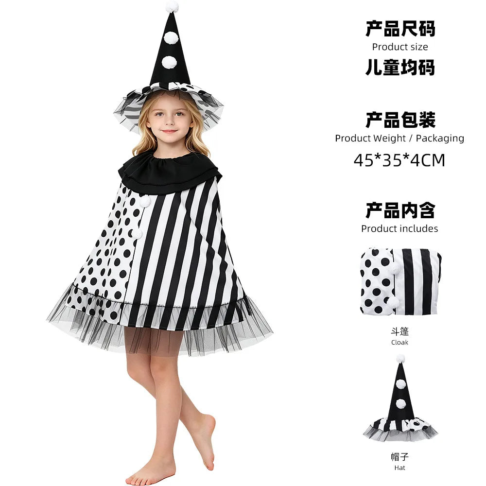 Women's Witch Black White Polka Dot Striped Clown Cape Halloween Costume - View 7
