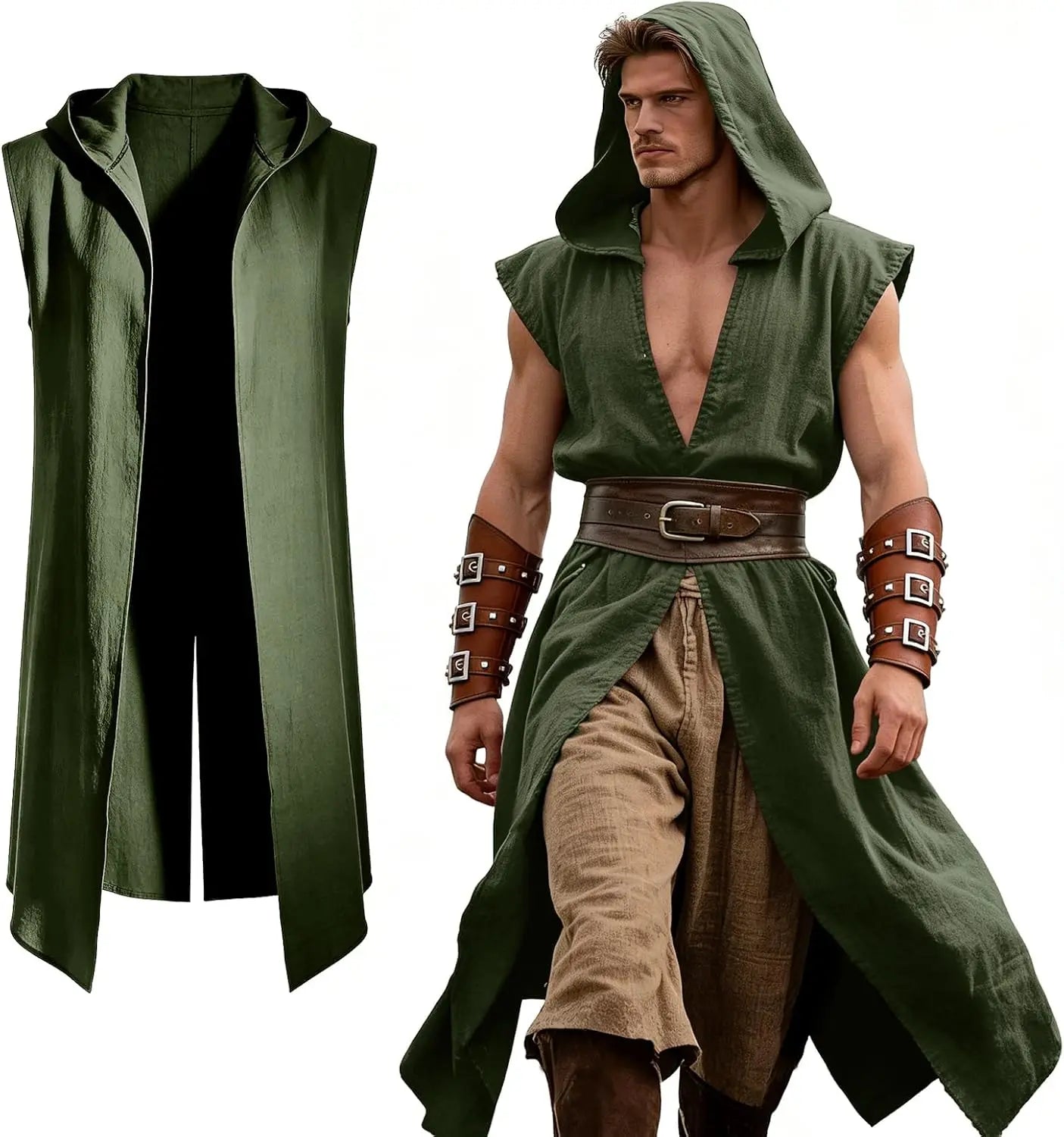 Medieval Costume Men Viking Hooded Sleeveless Surcoat, Mens Renaissance Costume Cloak for Halloween Assassin - product image 7