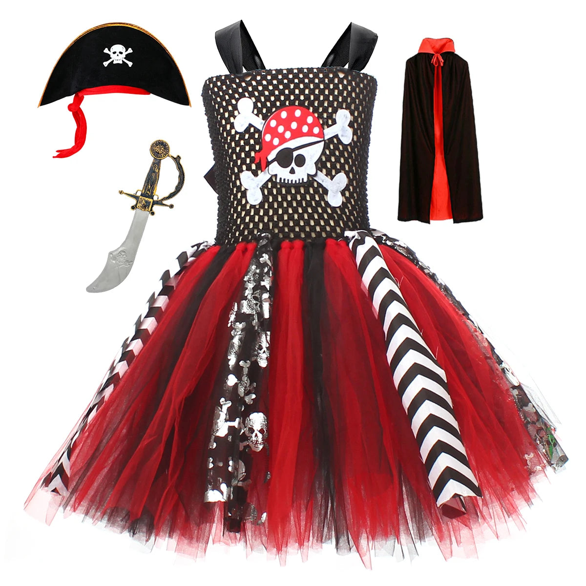 Black Red Halloween Girls Pirate Dress Cosplay Pirate Costume with Hat Kids Clothing - product image 7